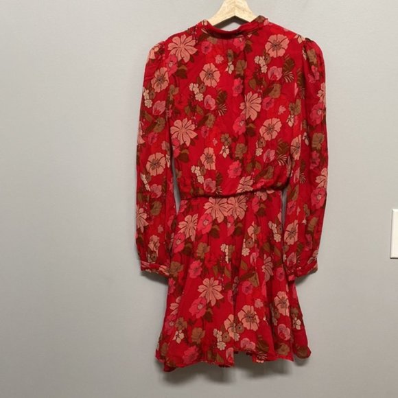 Zara Neck Tie Red Floral Long Sleeve Dress Size XS - Picture 6 of 10
